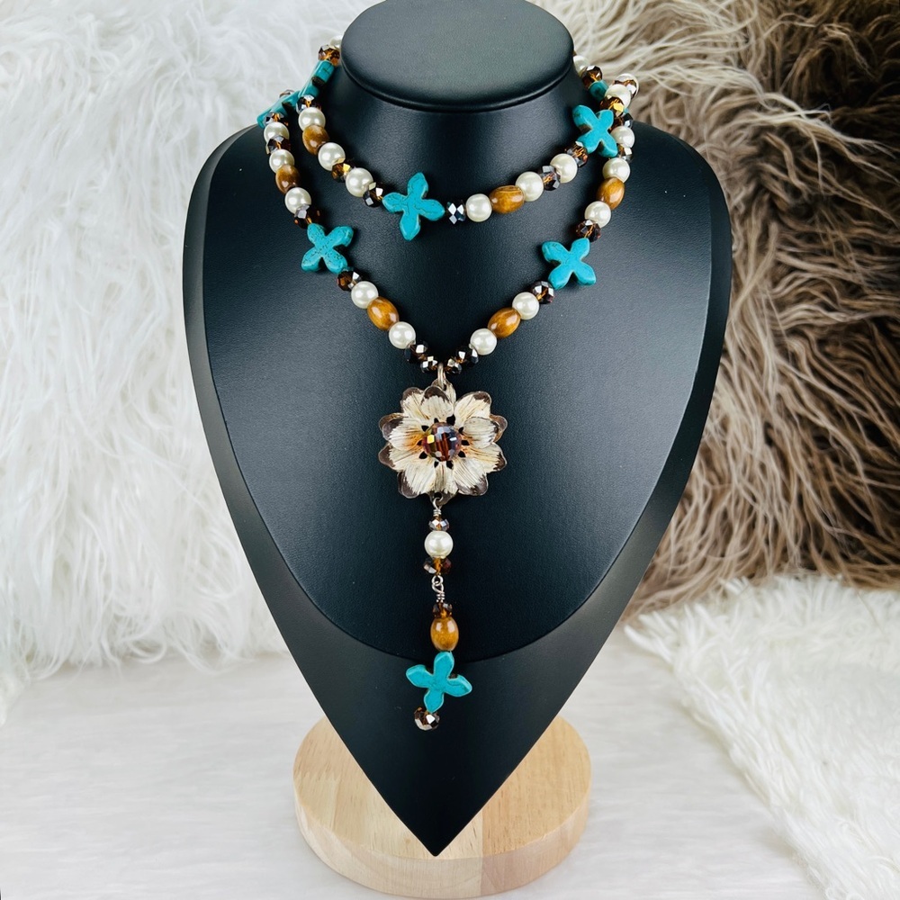 Long Turquoise Blue Cross Bead Flower Pendant Statement Necklace Boho Festival
